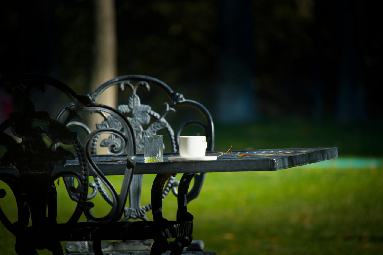 Metalni baštenski sto i stolica sa belom šoljom na tanjiriću i malom čašom