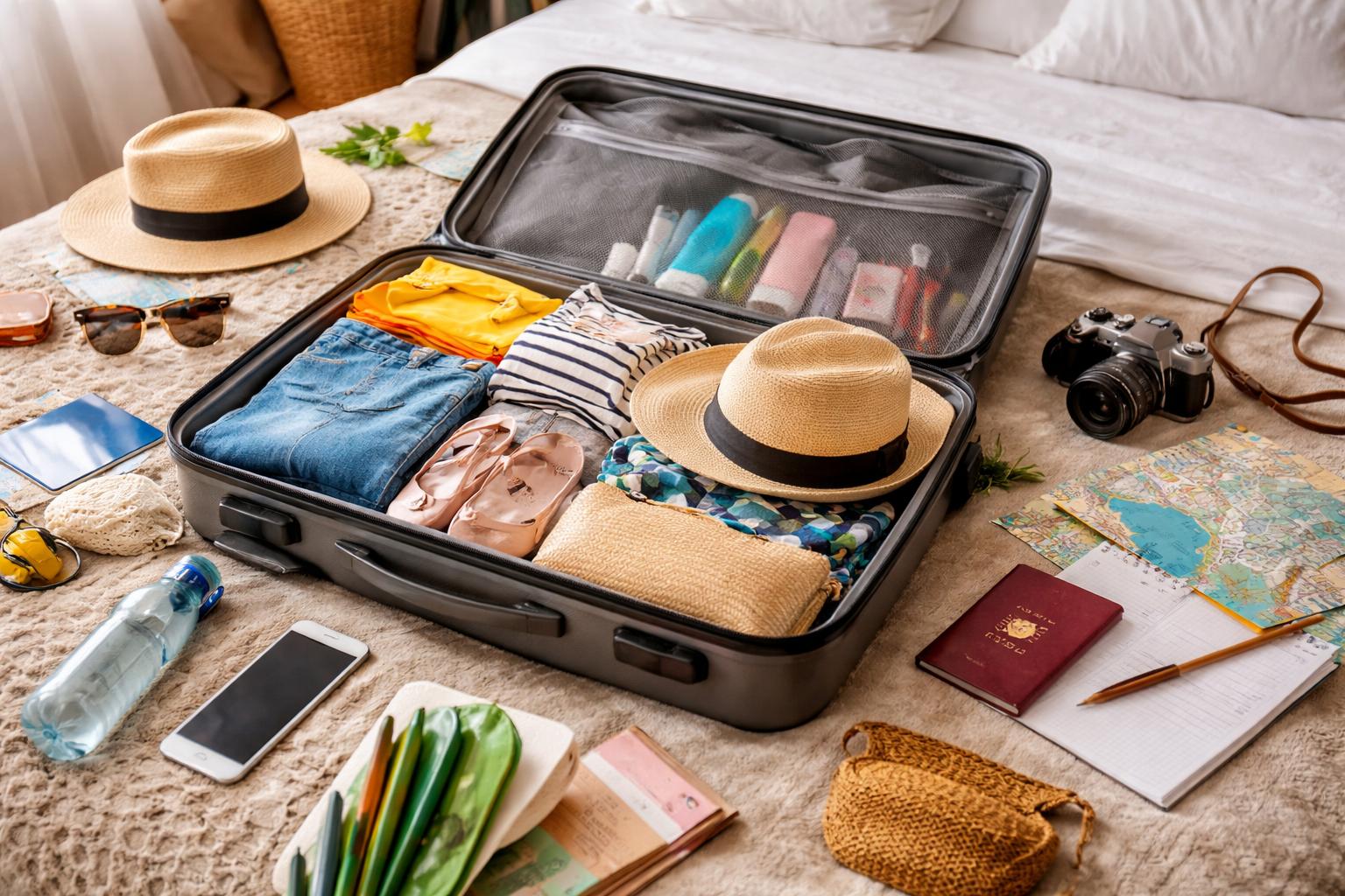 Otvoren kofer na krevetu sa stvarima.