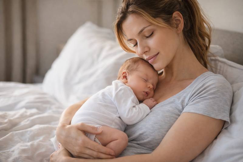 Mama i beba zagrljeni leže.