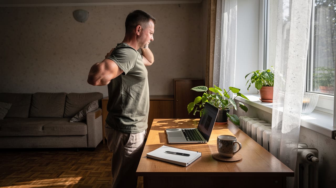 Muškarac stoji pored radnog stola i isteže leđa dok gleda u laptop