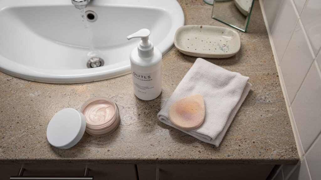 Otvorena teglica kreme, bočica sredstva za čišćenje lica i sunđer na peškiru pored lavaboa
