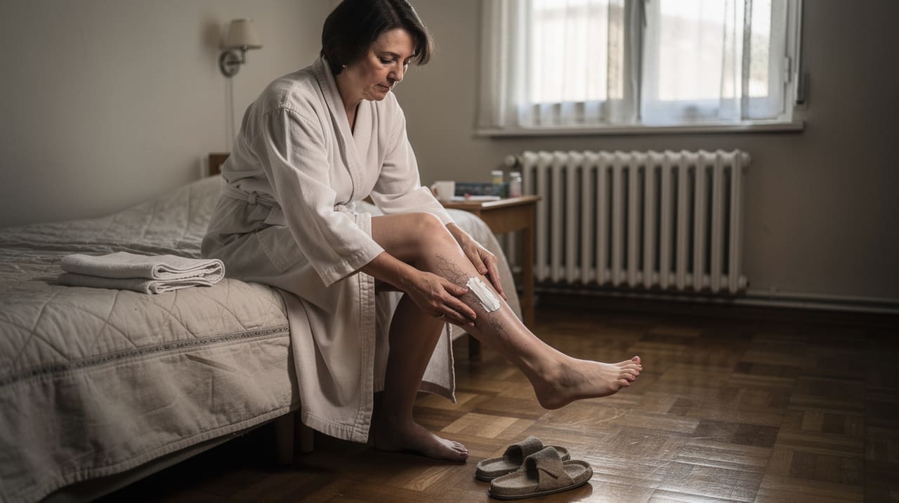 Žena u belom ogrtaču sedi na ivici kreveta i brije nogu ---