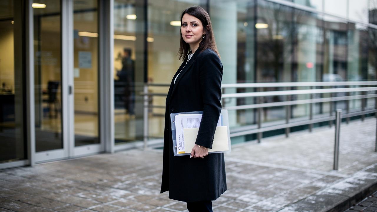 Žena u crnom kaputu drži fasciklu i papire ispred staklene poslovne zgrade