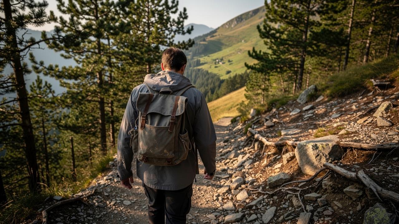 Muškarac sa planinarskim ruksakom hoda kamenitom planinskom stazom