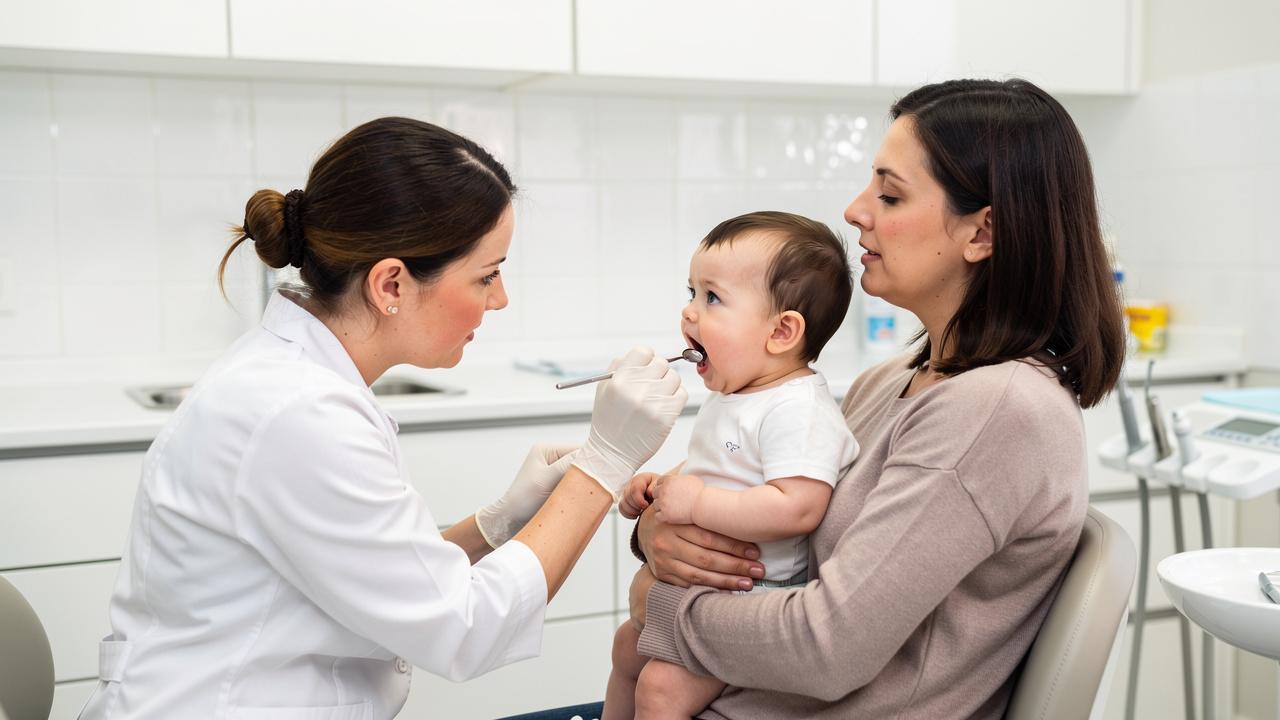 Stomatolog u rukavicama pregleda usta bebe dok je majka drži u krilu