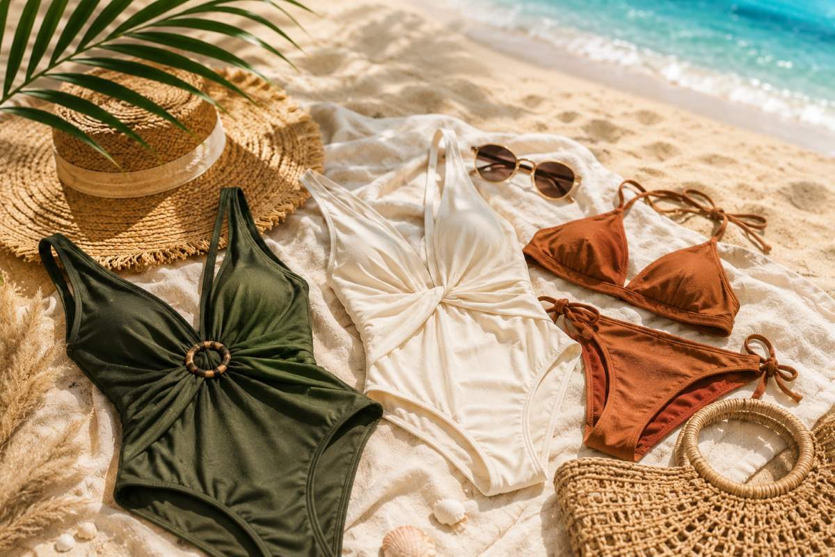 Tri kupaća kostima pored šešira na plaži