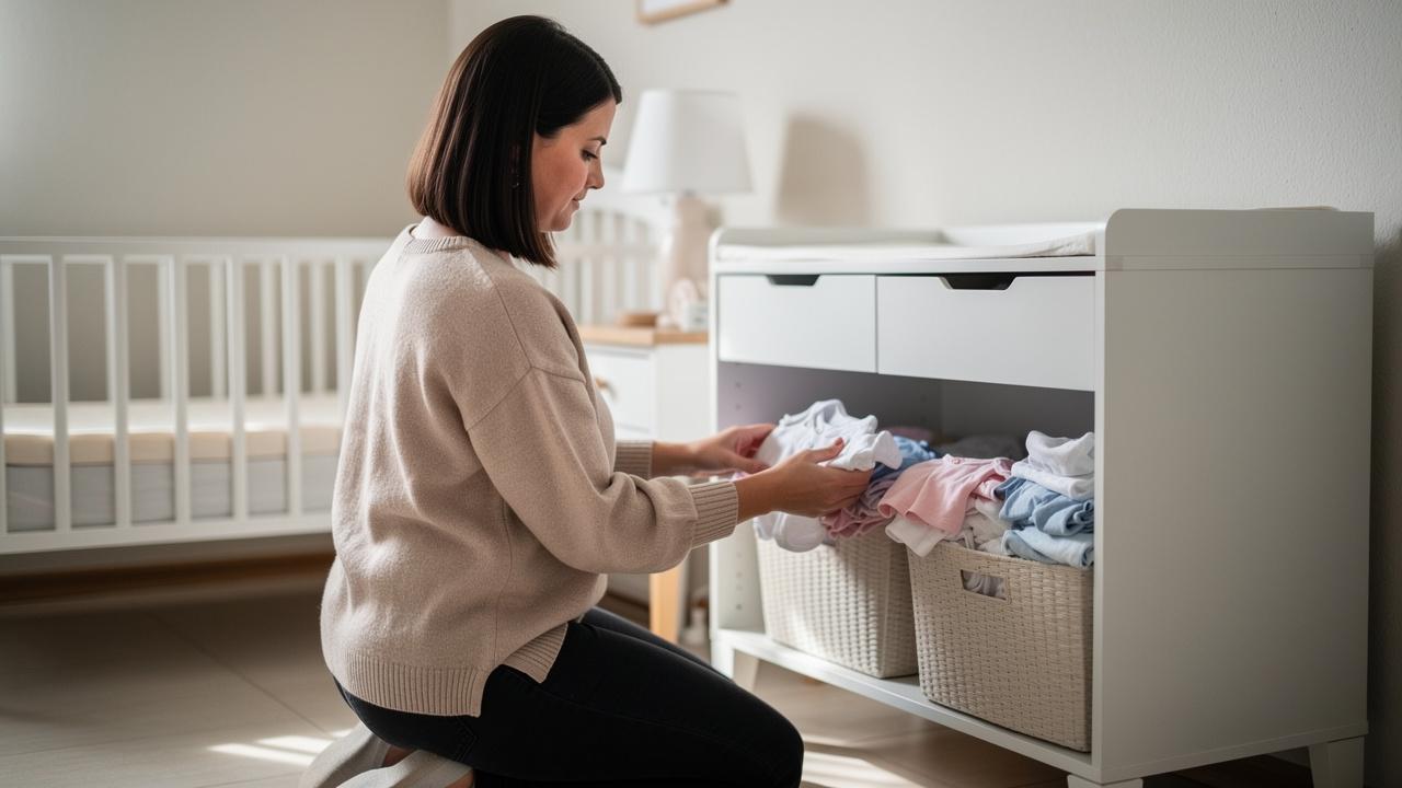 Žena kleči i posprema bebinu odeću u pletene korpe u sobi za bebe