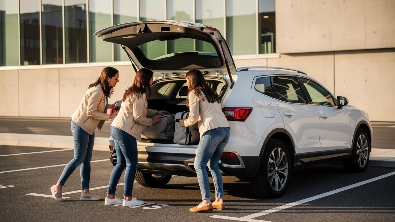 Tri žene pune gepek belog SUV vozila u parkingu