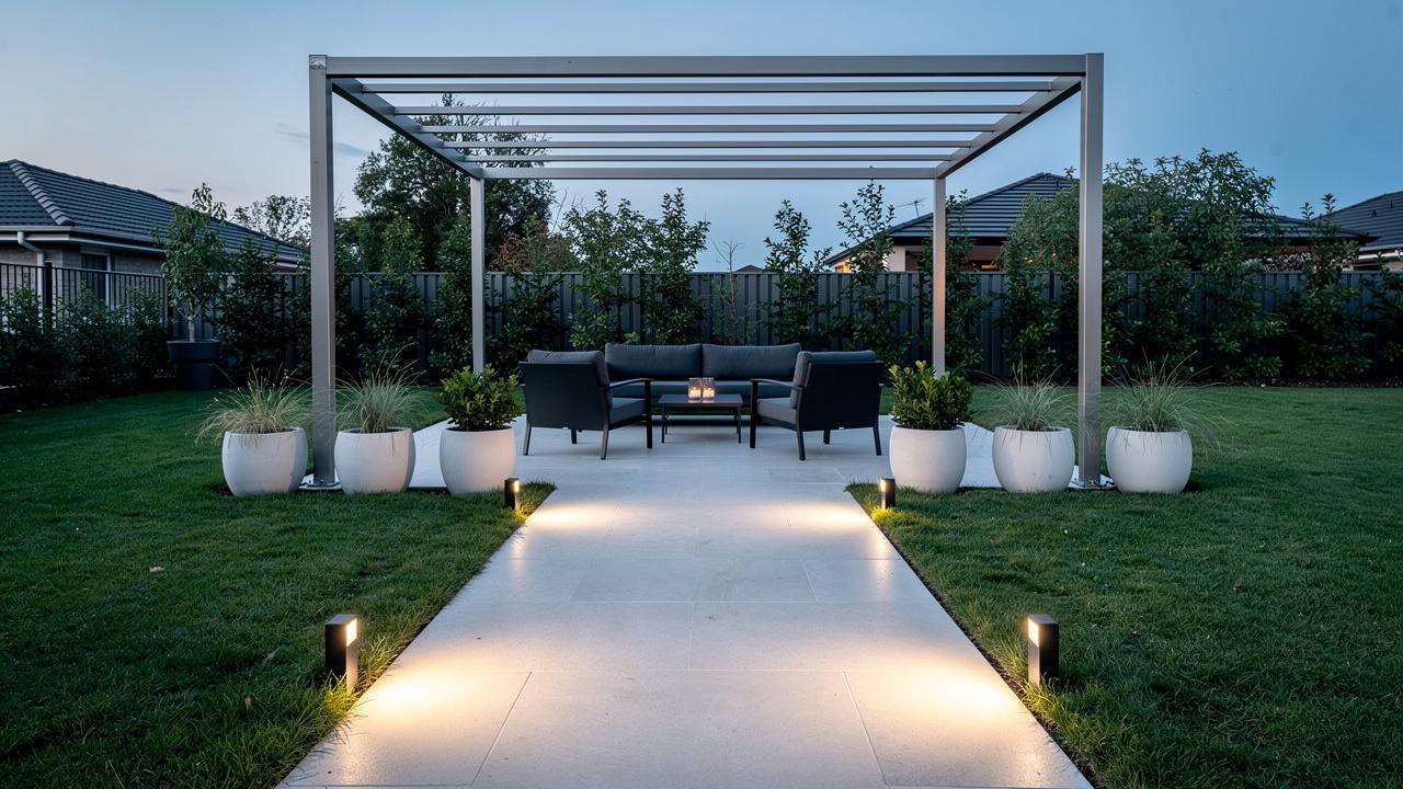 Pergola sa garniturom za sedenje, stazom osvetljenom baštenskim svetlima i saksijama